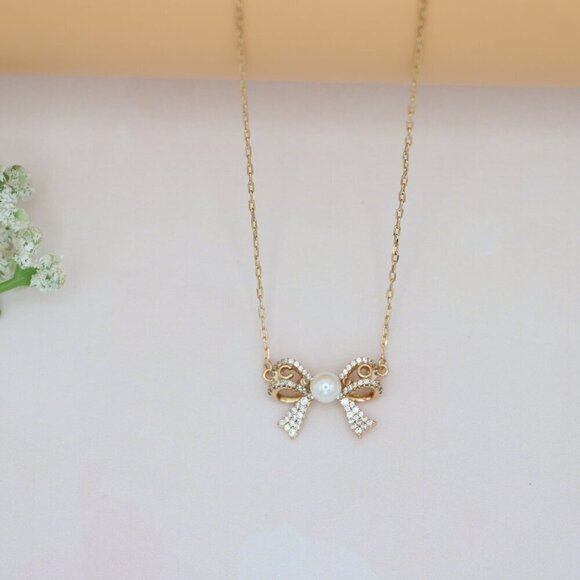 Rose Gold Bow Pendant Necklace with Pearl and Crystals , XPNL0171 - Picture 11 of 13